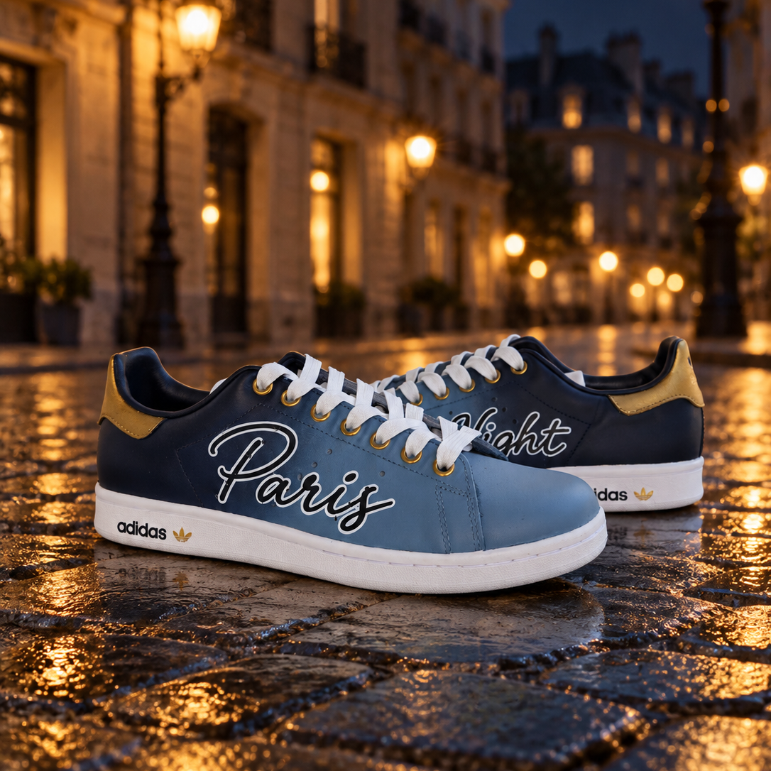 Adidas Stan Smith Sneakers Custom Peintes Paris by Night – Bleu & Or