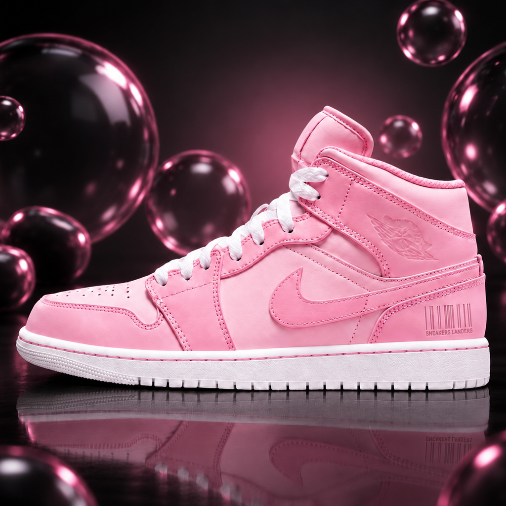 Nike Air Jordan 1 Mid Bubble Gum – Rose & Rose dragée – vue 1, création Sneakers Landers