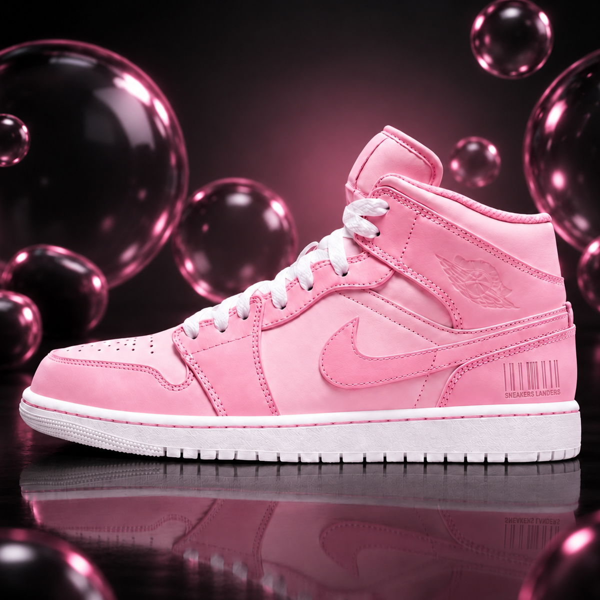 Nike Air Jordan 1 Mid Bubble Gum – Rose & Rose dragée – vue 1, création Sneakers Landers