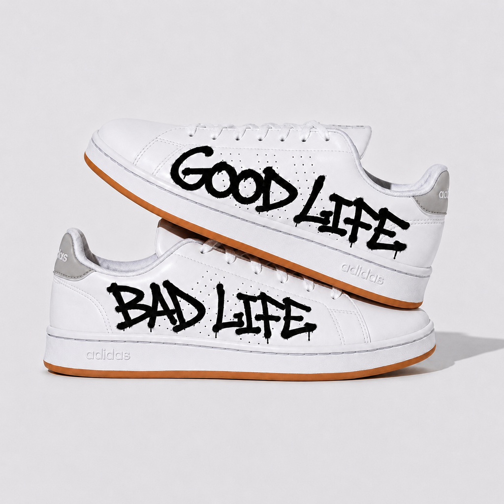 Adidas Court Bad Life Good Life – Noir & Blanc – vue 1, création Sneakers Landers