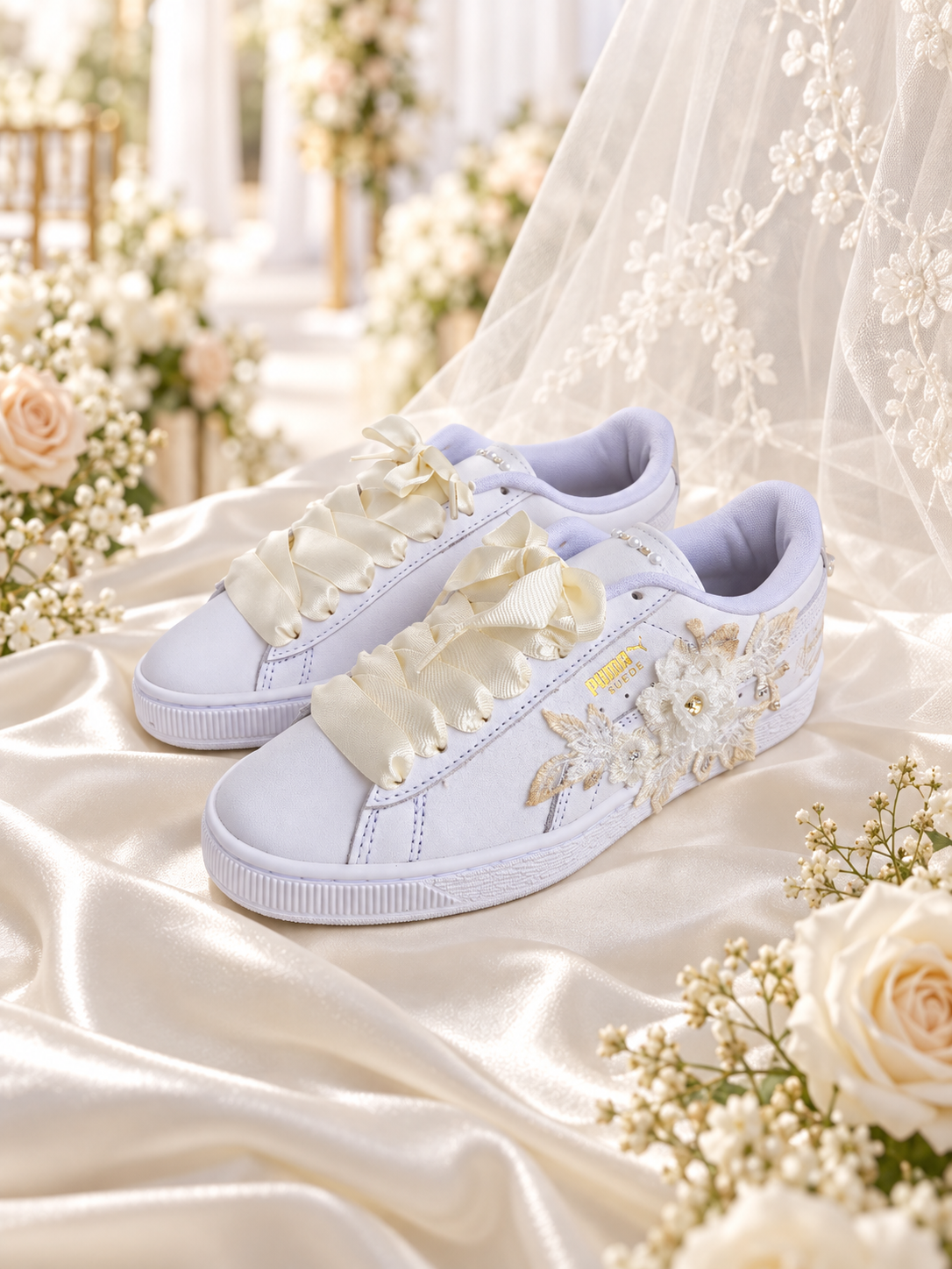 Puma Suede Fleurs de Champagne – Blanc & Champagne – vue 3, création Sneakers Landers