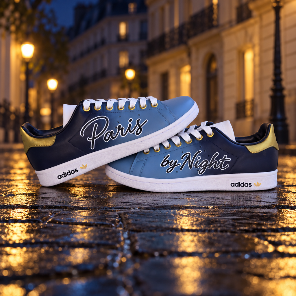 Adidas Stan Smith Sneakers Custom Peintes Paris by Night – Bleu & Or