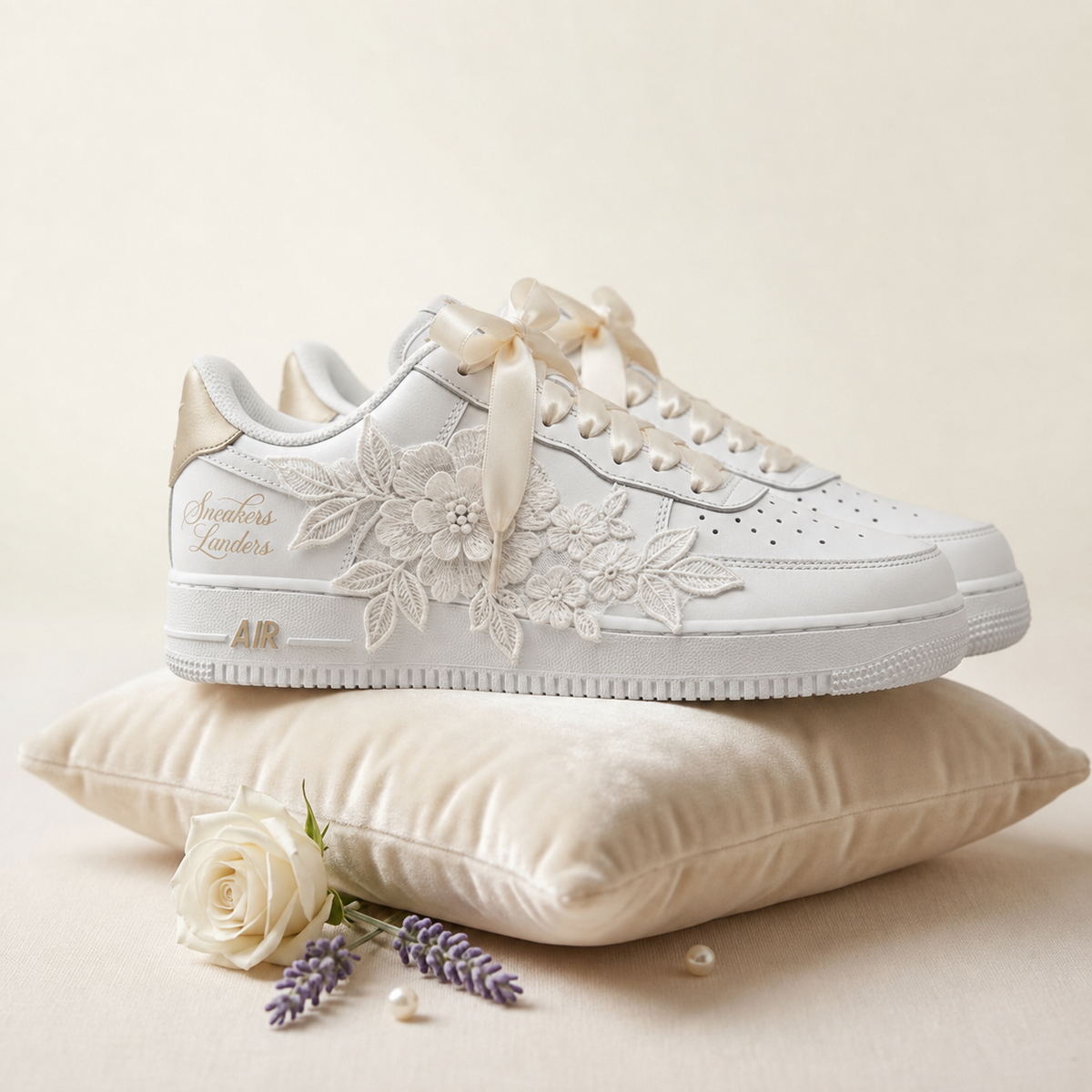 Nike Air Force 1 Wedding Force One Champagne – Blanc & Champagne – vue 3, création Sneakers Landers
