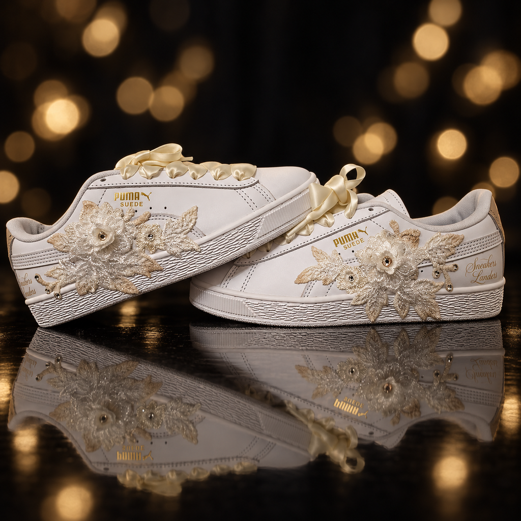 Puma Suede Fleurs de Champagne – Blanc & Champagne – vue 2, création Sneakers Landers