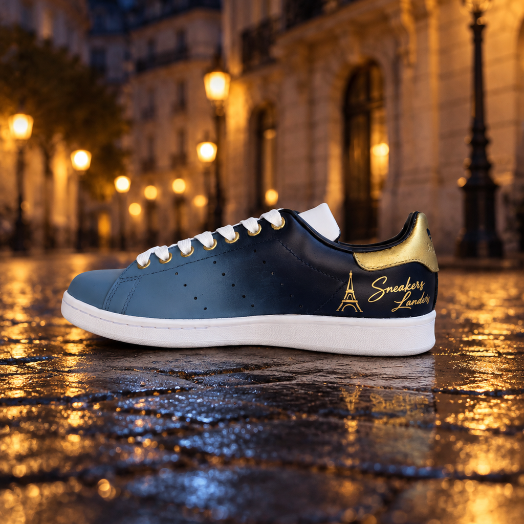 Adidas Stan Smith Sneakers Custom Peintes Paris by Night – Bleu & Or