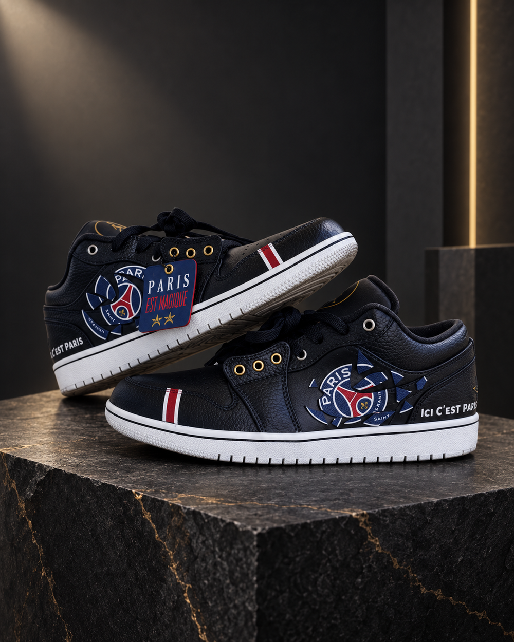 Création custom noire et dorée Paris deux étoiles par Sneakers Landers